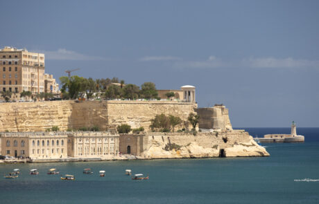 Panoramic aerial view of Valletta harbor and fortifications, Malta