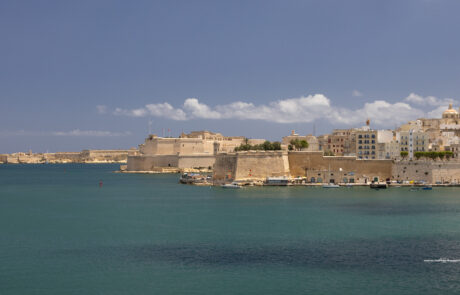 Aerial view of Valletta fortified peninsula surrounded by the sea, Malta