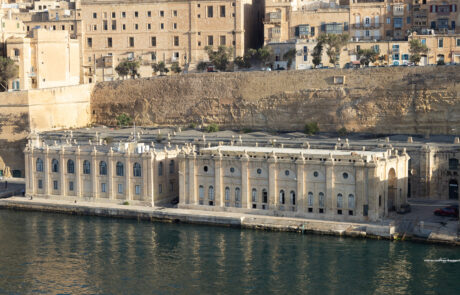 Aerial view of Valletta fortified harbor and docks, Malta
