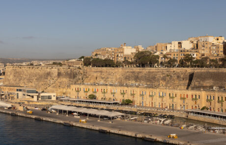 Waterfront fortifications and harbor promenade in Valletta, Malta
