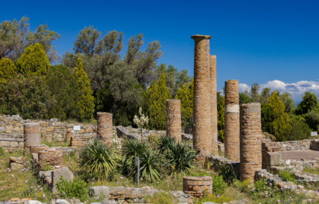 Ancient columns of ruins with a sea view at Tindari, Sicily