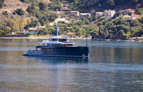Luxury motor yacht anchored in a bay at Kefalonia
