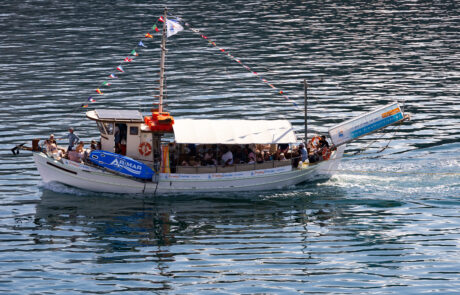 Small traditional fishing boat with flags in the harbor at Kefalonia