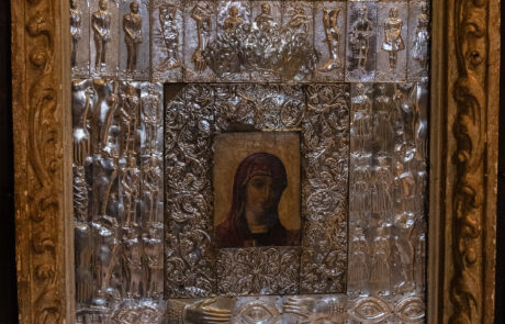 Ornate silver-framed religious icon displayed at a Kefalonia monastery