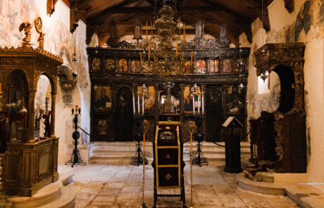Ornate gilded iconostasis inside a monastery church at Kefalonia