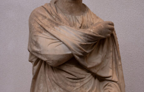 Marble statue of a draped female figure at the Olympia Archaeological Museum