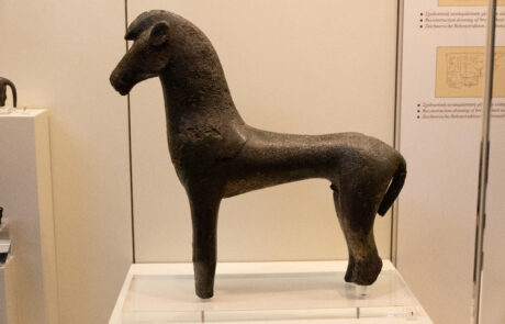 Small bronze horse figurine displayed at the Olympia Archaeological Museum