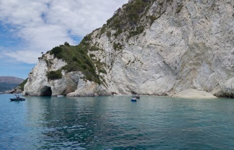 Panoramic view of white limestone cliffs and turquoise sea at Zakynthos