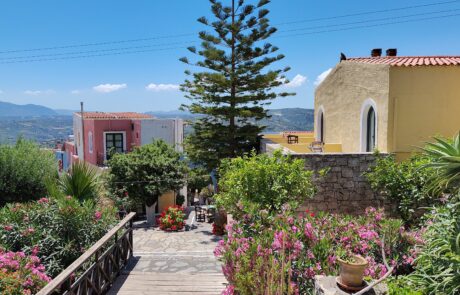 Stone garden path with flowering plants and pastel-colored houses at Arolithos village