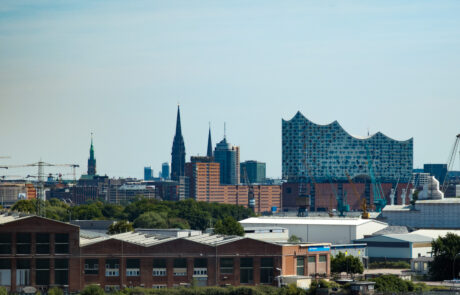 Hamburg skyline with the Elbphilharmonie concert hall above the Speicherstadt warehouse district