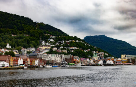 Hillside town view across the harbor with houses on the slope, Bergen, Norway