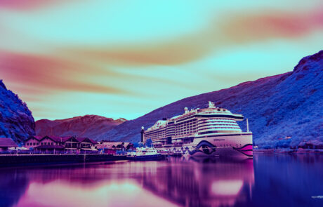Infrared image of AIDAprima cruise ship docked in the fjord at, Flam, Norway
