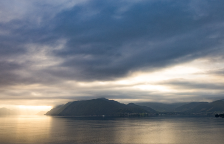 8K Panorama Image on the Fjord, early morning, sunrise, view to Sykkylven Fergekai