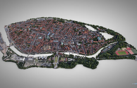 3D-rendered top-down map of Luebecks old town island in grey tones