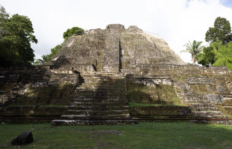 Mayan stone pyramid with a grassy clearing in front, Lamanai
